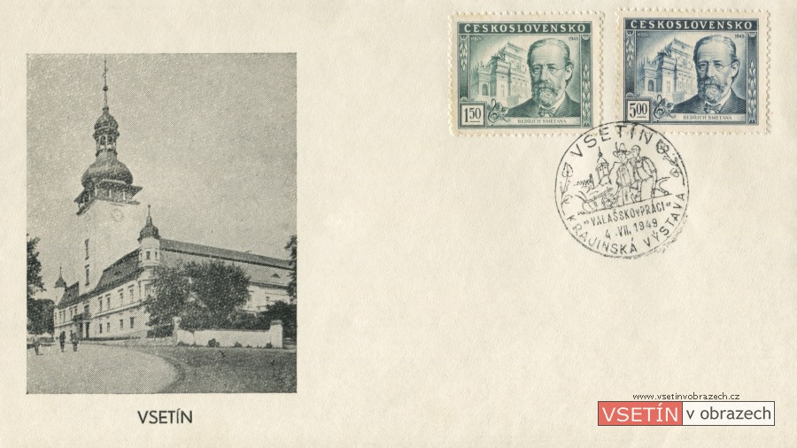Poštovní obálka s přítiskem zámku vydaná k výstavě Valašsko v práci