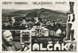 Reklamní pohlednice valašské papuče Mlčák se záběrem na Horní město