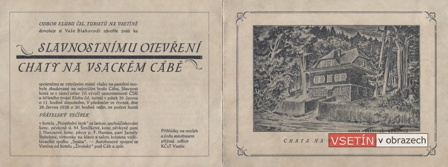Pozvánka na slavnostní otevření chaty na Vsackém Cábě (29. června 1928)