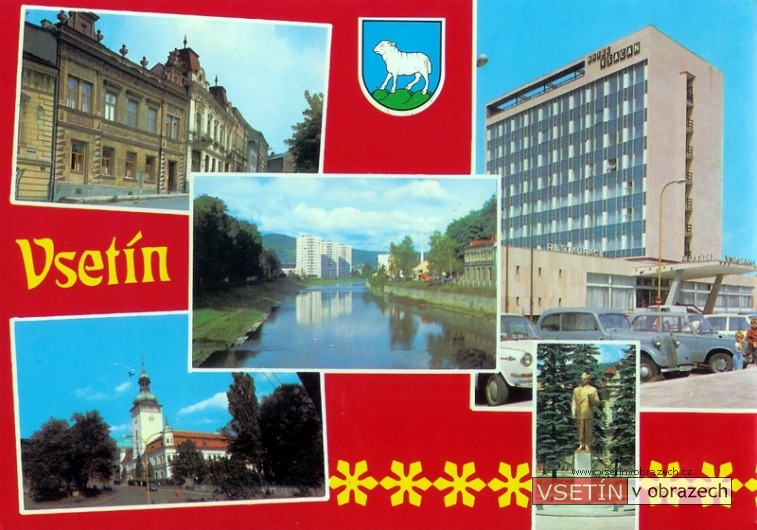 Palackého ulice - hotel Vsacan - sídliště MEZ - zámek - socha K. Gottwalda