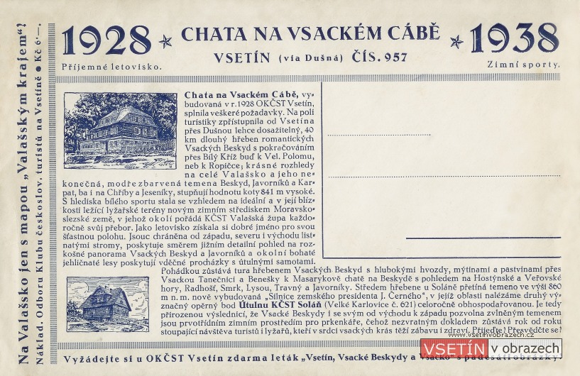 Propagační dopisnice chaty na Vsakém Cábě