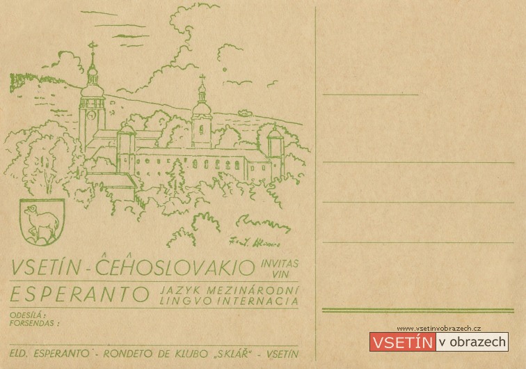 Propagační dopisnice klubu esperantistů zachycující kostel se zámkem