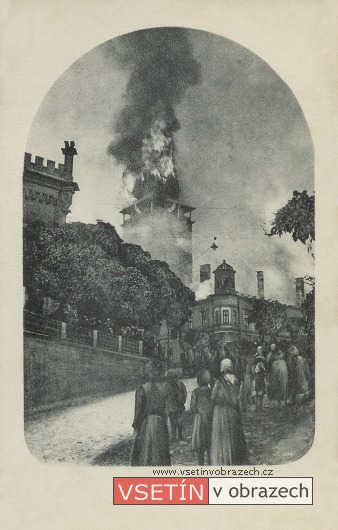Požár Vsetínského zámku 10. srpna 1915 (kresba)