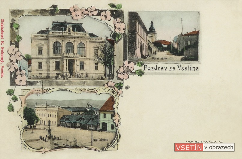 Nová radnice - cesta na Horní město - Horní náměstí s kašnou (kolorovaná verze)