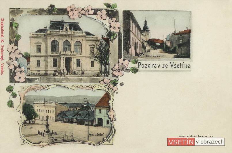 Nová radnice - cesta na Horní město - Horní náměstí s kašnou (kolorovaná verze)