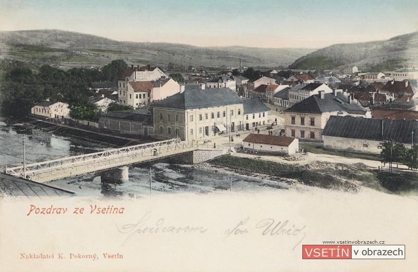 Pohled z Hrbové na nový železný most a Dolní město