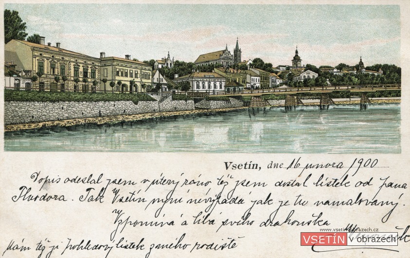Nábřeží Bečvy s dřevěným mostem a siluetou Horního města (litografie)