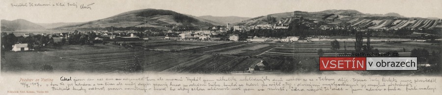 Pohled na Vsetín z Bečevné (širokoúhlá pohlednice)