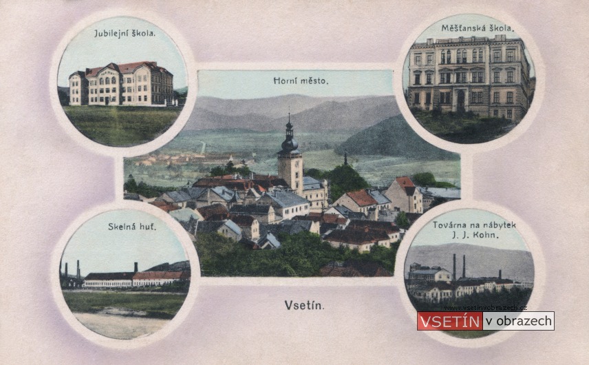 Jubilejní škola - Horní město - Měšťanská škola - skelná huť - továrna na nábytek J. J. Kohn